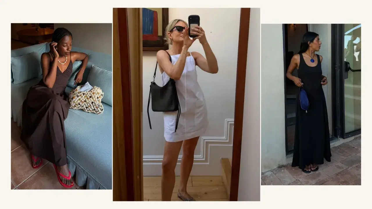Trzy kobiety w letnich sukienkach, w tym jedna w stylu cottagecore, prezentują letnie stylizacje.