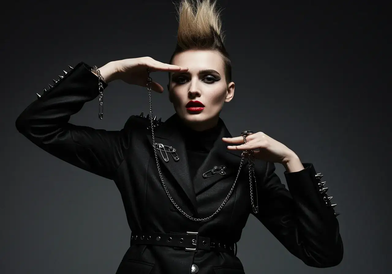 Kobieta z irokezem i mocnym makijażem, ubrana w czarny płaszcz z ćwiekami i agrafkami, emanuje energią punk.
