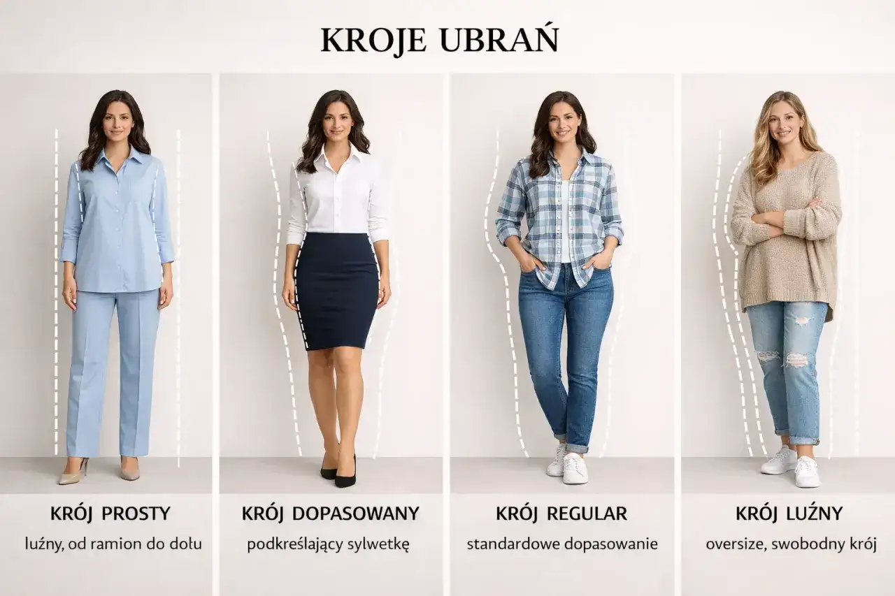Krój regular to standardowe dopasowanie, jak na zdjęciu z jeansami. Obok kroje proste, dopasowane i luźne.