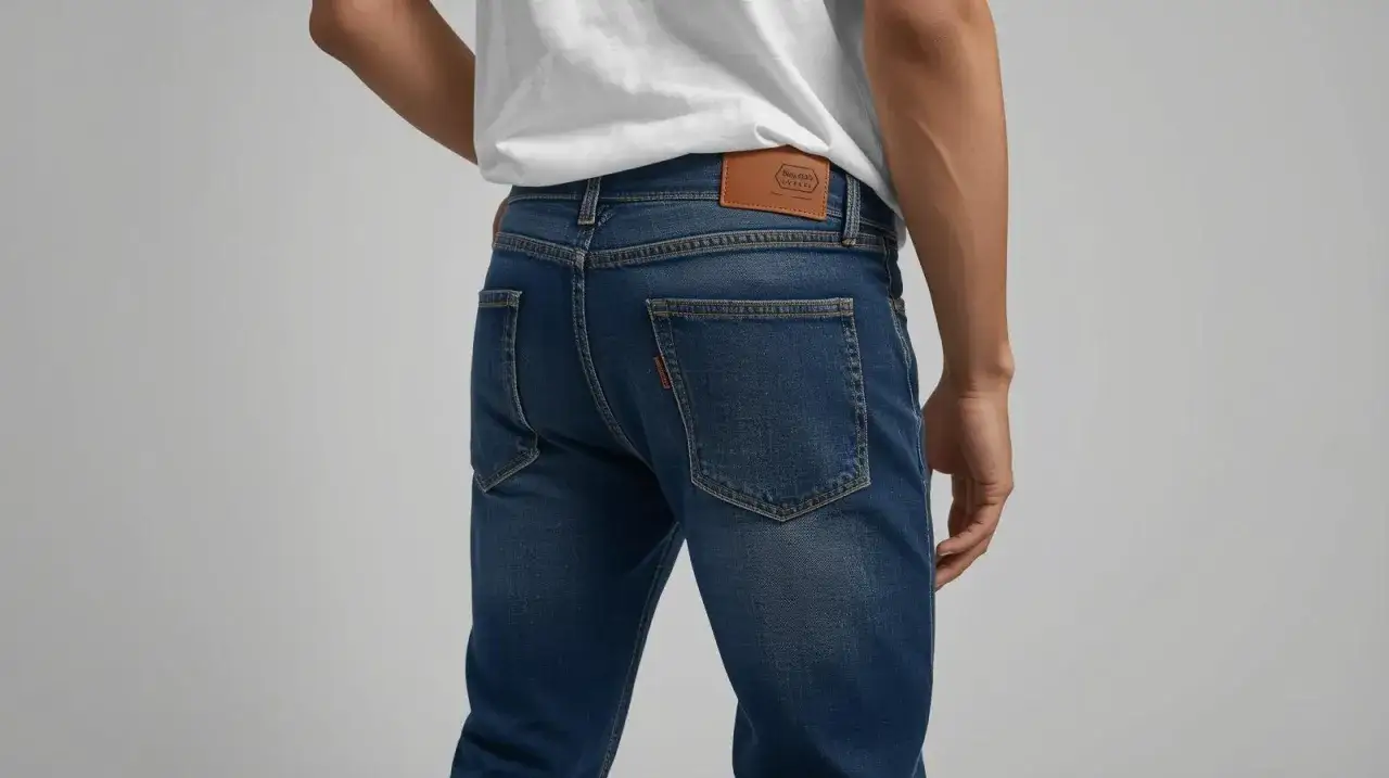 Mężczyzna w dżinsach rozmiar 52 męski. Klasyczny krój, ciemny denim, skórzana naszywka z tyłu.