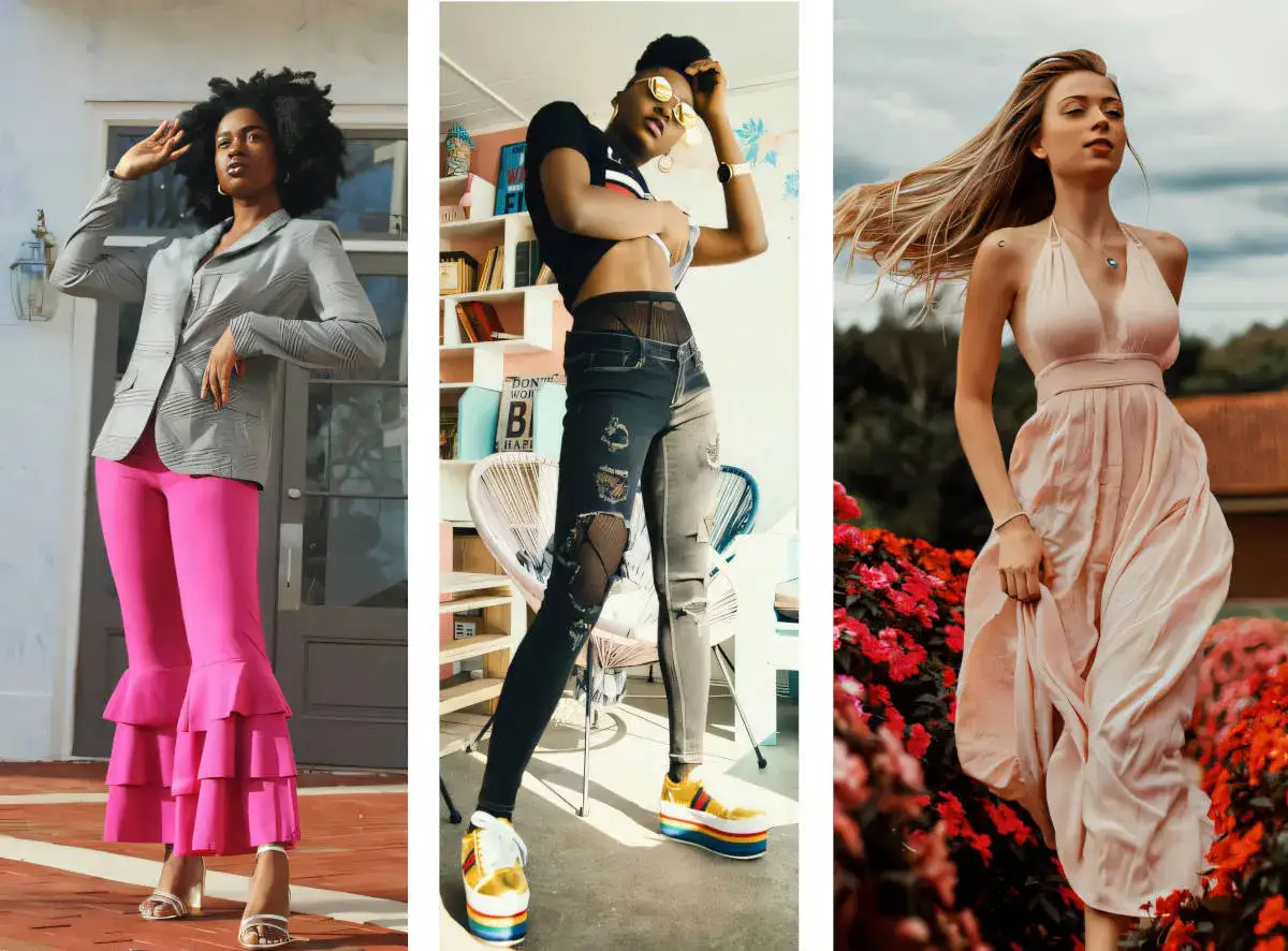 Trzy kobiety prezentują różne style ubioru: elegancki w marynarce i różowych dzwonach, streetwearowy w podartych jeansach i kolorowych sneakersach, oraz romantyczny w zwiewnej, beżowej sukni.
