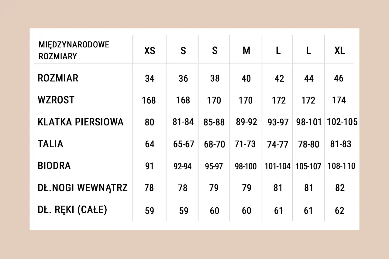 Tabela rozmiarów: rozmiar M ma wymiary 40 (rozmiar), 170 cm (wzrost), 89-92 cm (klatka), 71-73 cm (talia), 98-100 cm (biodra), 79 cm (nogawka), 60 cm (ręka).