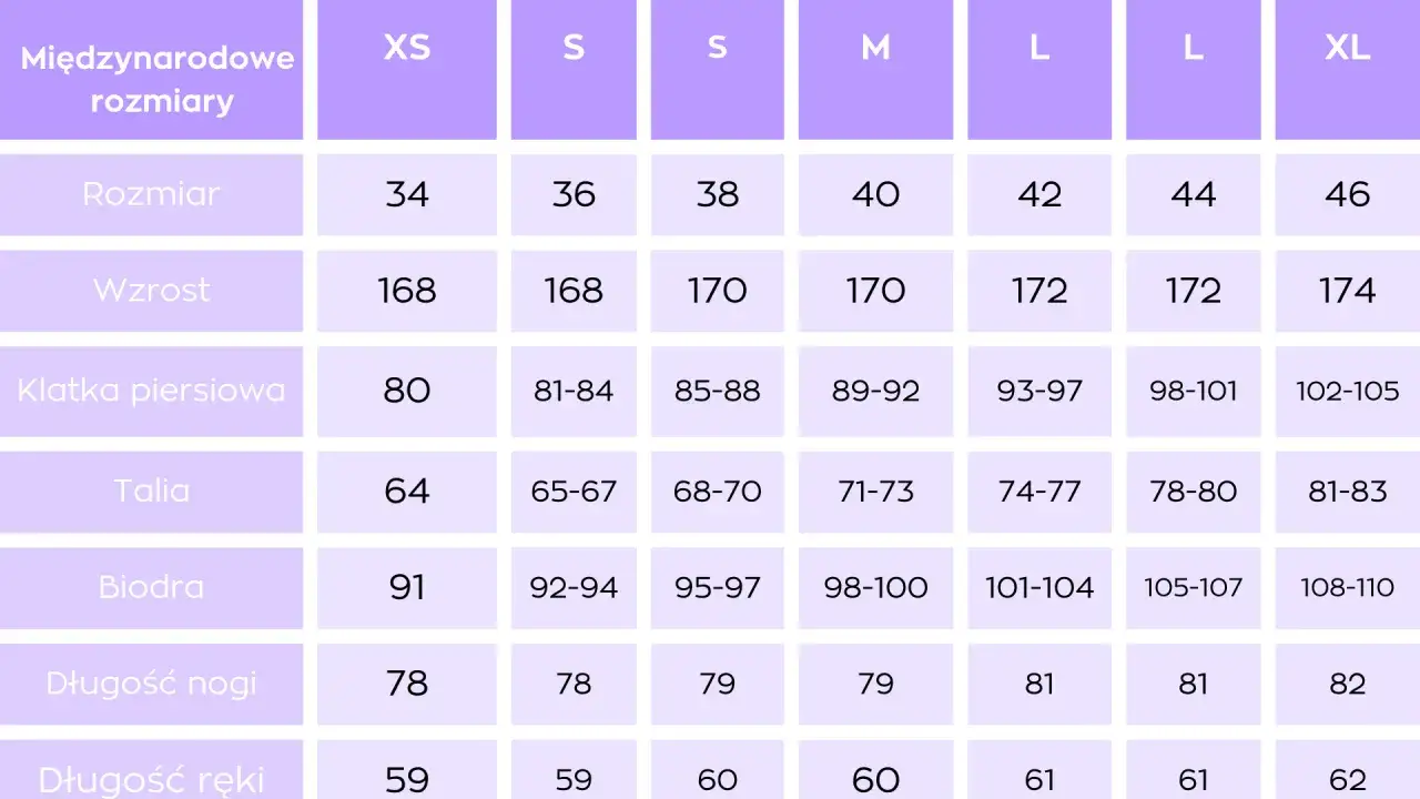 Tabela rozmiarów od XS do XL. Rozmiar 48 to XL, wzrost 174 cm, obwód klatki 102-105 cm, talia 81-83 cm, biodra 108-110 cm.