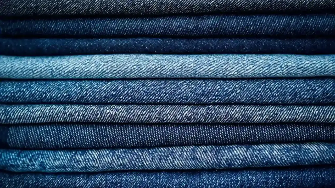 Stosy materiału dżinsowego w różnych odcieniach niebieskiego. Denim to wytrzymała tkanina, idealna na spodnie i kurtki.