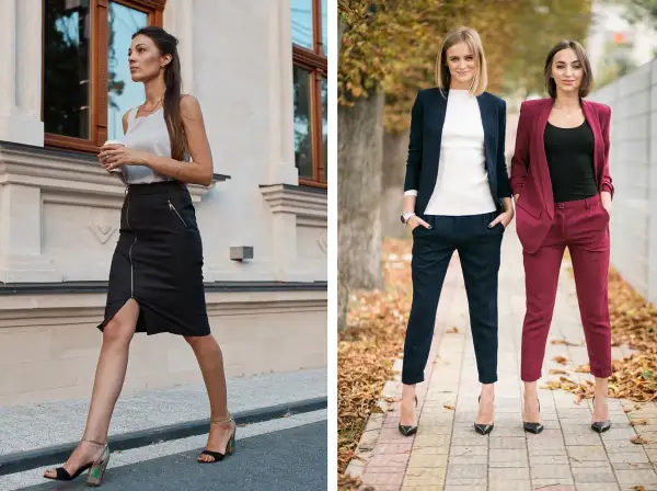 Eleganckie stylizacje na imprezę firmową: spódnica ołówkowa i garnitury.