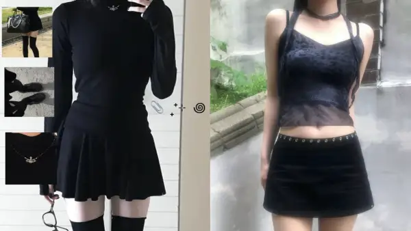 Stylizacja acubi: czarna sukienka mini, dopasowany top, siateczkowa bluzka, spódniczka i buty.