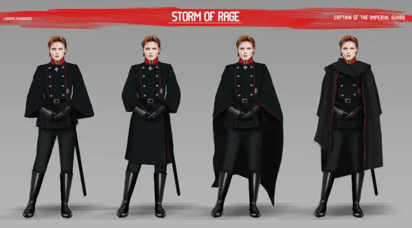 Kapitan Gwardii Imperialnej w stylu dieselpunk, prezentująca różne warianty stroju: od munduru z wąskimi spodniami po elegancką pelerynę.