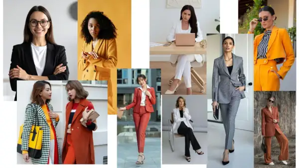 Kobiety w stylizacjach business casual: garnitury, marynarki i eleganckie spodnie. Inspiracje do pracy i na spotkania.