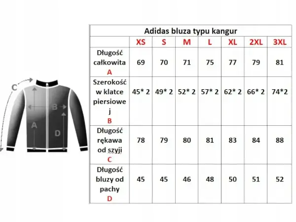 Tabela rozmiarów bluzy Adidas kangur. Długość bluzy od pachy dla rozmiaru 52 męski wynosi 52 cm.