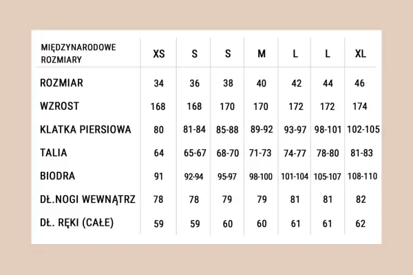 Tabela rozmiarów: rozmiar 40 to 25.4 cm w pasie, 89-92 cm w klatce piersiowej.