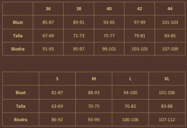 Tabela rozmiarów odzieży. Rozmiar 38 odpowiada biustowi 89-91 cm, talii 71-73 cm i biodrom 95-97 cm.