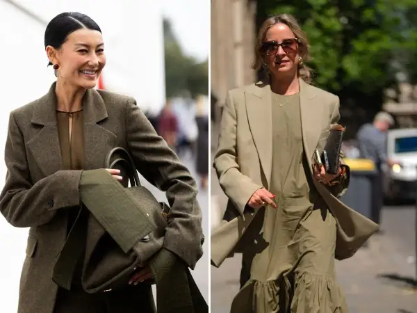 Dwie kobiety w eleganckich stylizacjach. Jedna w ciemnym garniturze, druga w jasnym. Kolor khaki jaki to kolor? To odcień zieleni, który świetnie wygląda w modzie.