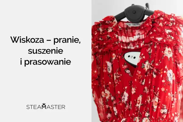 Czerwona sukienka w kwiaty, z tekstem "Wiskoza - pranie, suszenie i prasowanie". Czy wiskoza się rozciąga? Sprawdź!