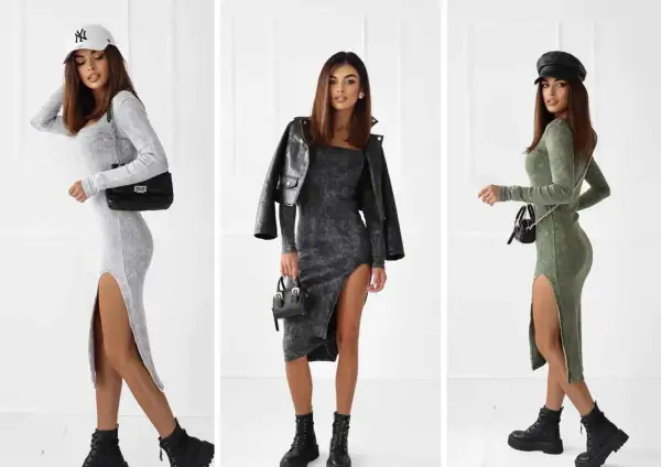 Trzy kobiety prezentują modny styl ubioru: dopasowane sukienki z wycięciami, skórzane kurtki i botki.