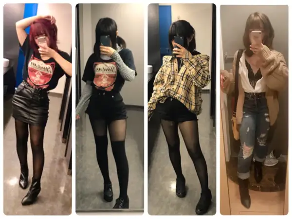 Cztery stylizacje dziewczyny w lustrze: rockowa, grunge, casual i elegancka.