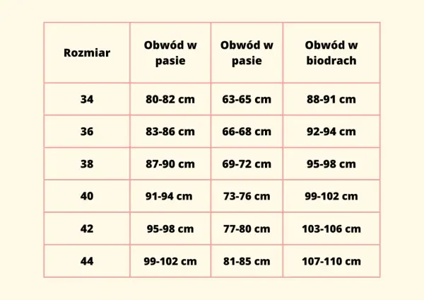Tabela rozmiarów: 42 jaki to rozmiar? Obwód w pasie 95-98 cm, w biodrach 103-106 cm.