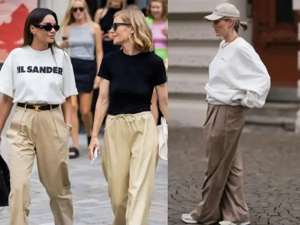 Koszula do beżowych spodni: biały t-shirt z logo, czarny top i biała bluza oversize. Stylowe stylizacje na co dzień.
