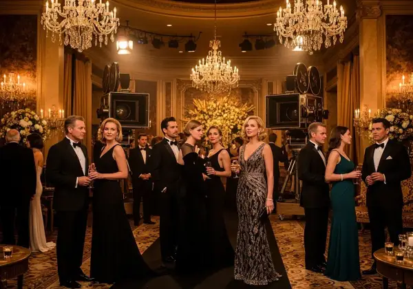 Elegancka gala w stylu old hollywood, z kamerami filmowymi i kryształowymi żyrandolami.
