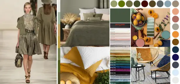 Inspiracje kolorystyczne: jaki kolor pasuje do khaki? Od mody po wnętrza, zieleń i brązy łączą się z żółcieniami, różami i błękitami.