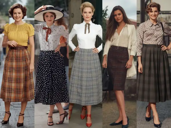 Pięć kobiet w stylizacjach inspirowanych latami 50. i **rockabilly**: kraty, grochy, eleganckie bluzki i spódnice midi.