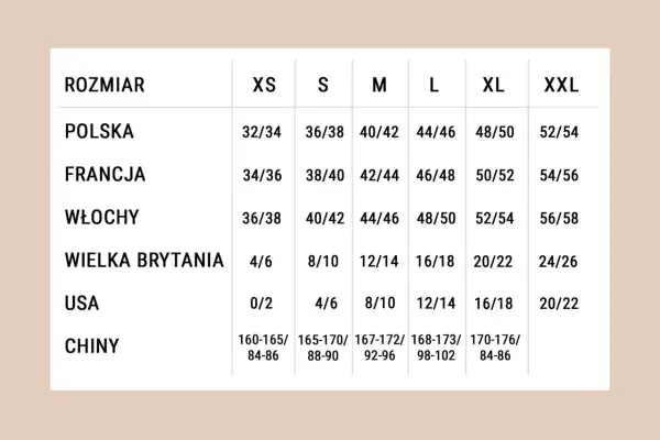 Tabela rozmiarów od XS do XXL z wymiarami w Polsce, Francji, Włoszech, Wielkiej Brytanii, USA i Chinach.