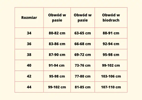 Tabela rozmiarów odzieży. Rozmiar 44 odpowiada obwodowi w pasie 99-102 cm i w biodrach 107-110 cm.