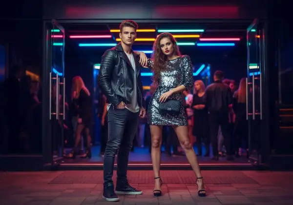 Elegancka para przed klubem. Ona w błyszczącej sukience, on w skórzanej kurtce. Idealny przykład, jak się ubrać do klubu.